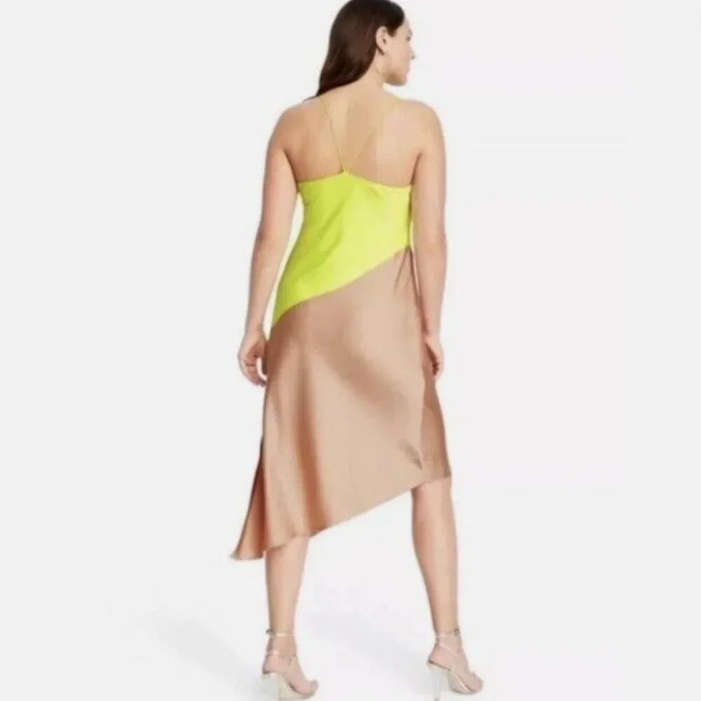 Cushnie X Target Tan and Lime Colorblock Cowl Neck Midi Slip Dress Size 14 - Picture 3 of 6